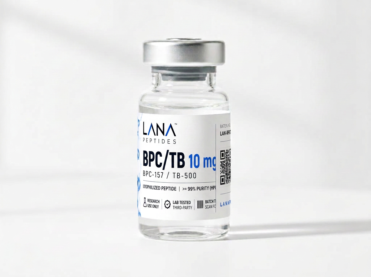 BPC-157 / TB-500 research reference material in a clear glass vial with a Lana Peptides label
