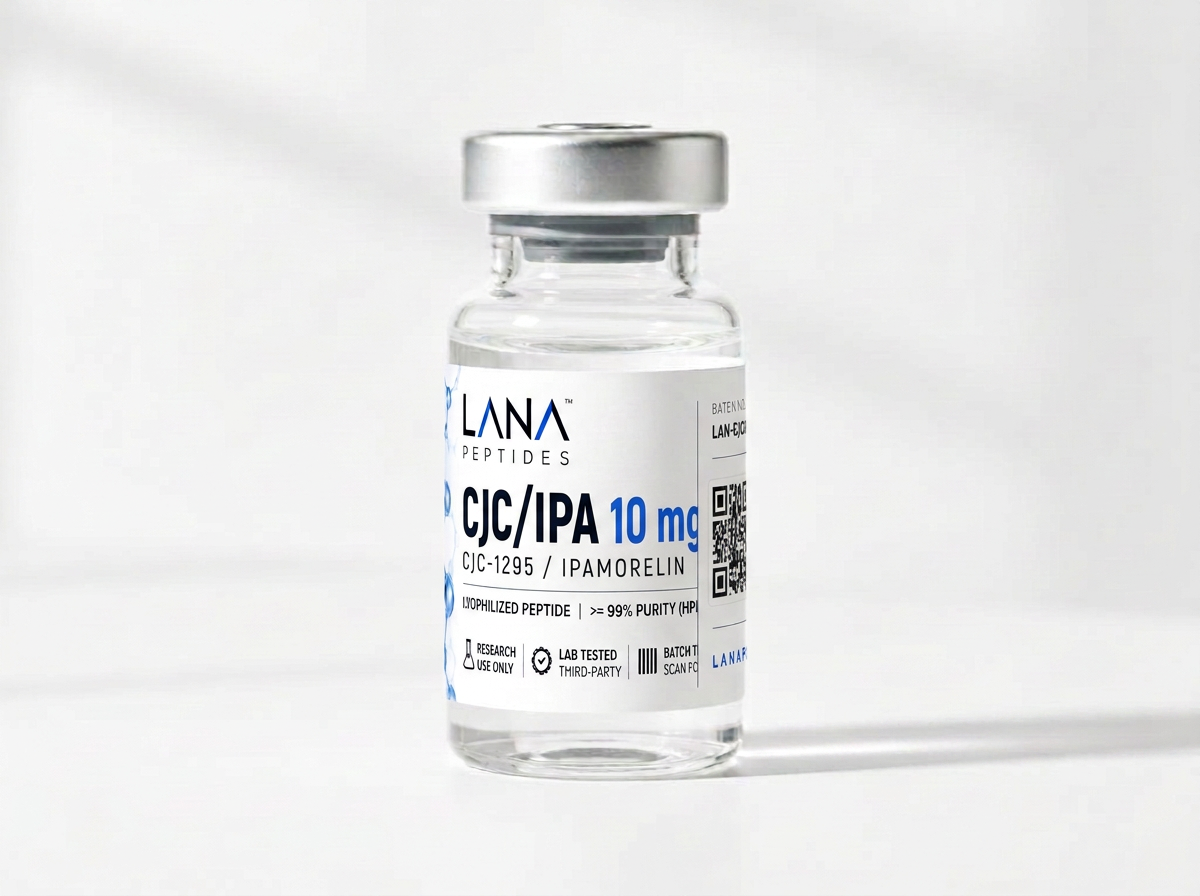 CJC-1295 / Ipamorelin research reference material in a clear glass vial with a Lana Peptides label