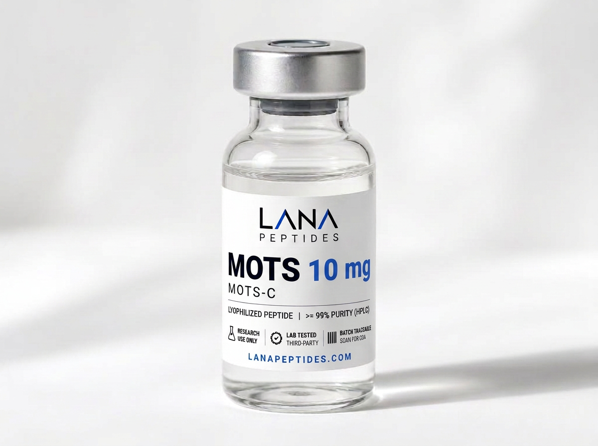 MOTS-c research reference material in a clear glass vial with a Lana Peptides label